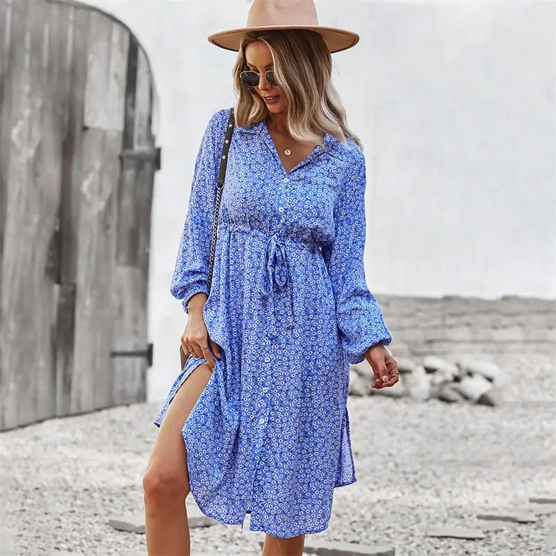 Women Fashion Tiny Flower Printed Single-Breasted Dress