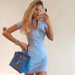 Women Basic Solid Color Short Sleeves Bodycon Zipper Dress