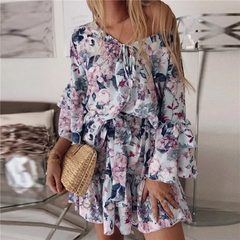Women Casual Flower Print Flounced Long Sleeve Swing Dress