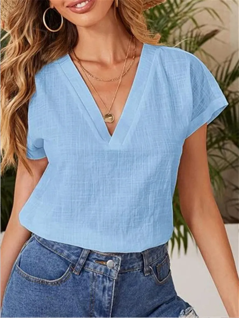 Women Casual Summer Solid Color Loose Short-Sleeved V Neck Short-Sleeved Blouse