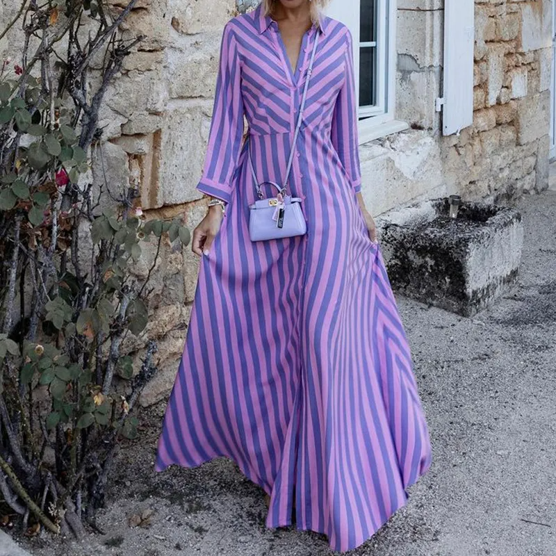 Women Fashion Casual Stripe Long Sleeve Maxi Dress