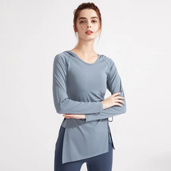 Women Fashion Solid Color Long Sleeve Drawstring Split Sports Yoga Top