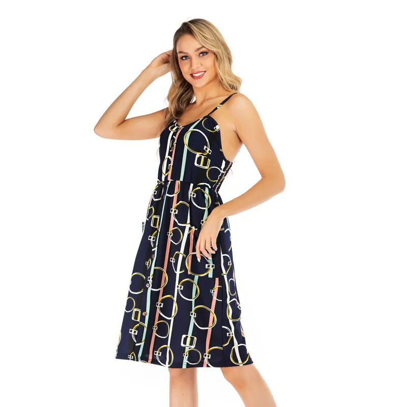 Women New Buttoned Defined Waist Design Graphic Print Slip Dress