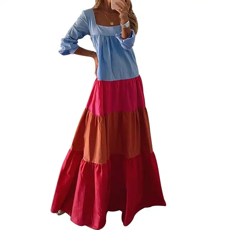 Women Casual Color Blocking Patchwork Long Sleeve Dress
