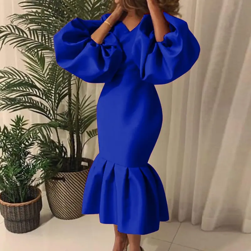 Women Plus Size Solid Color Puff Sleeve Flouncing Dress
