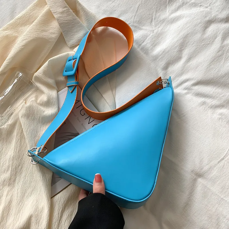 Women Fashion Creative Triangle Shape Zipper Design Solid Color PU Shoulder Bag