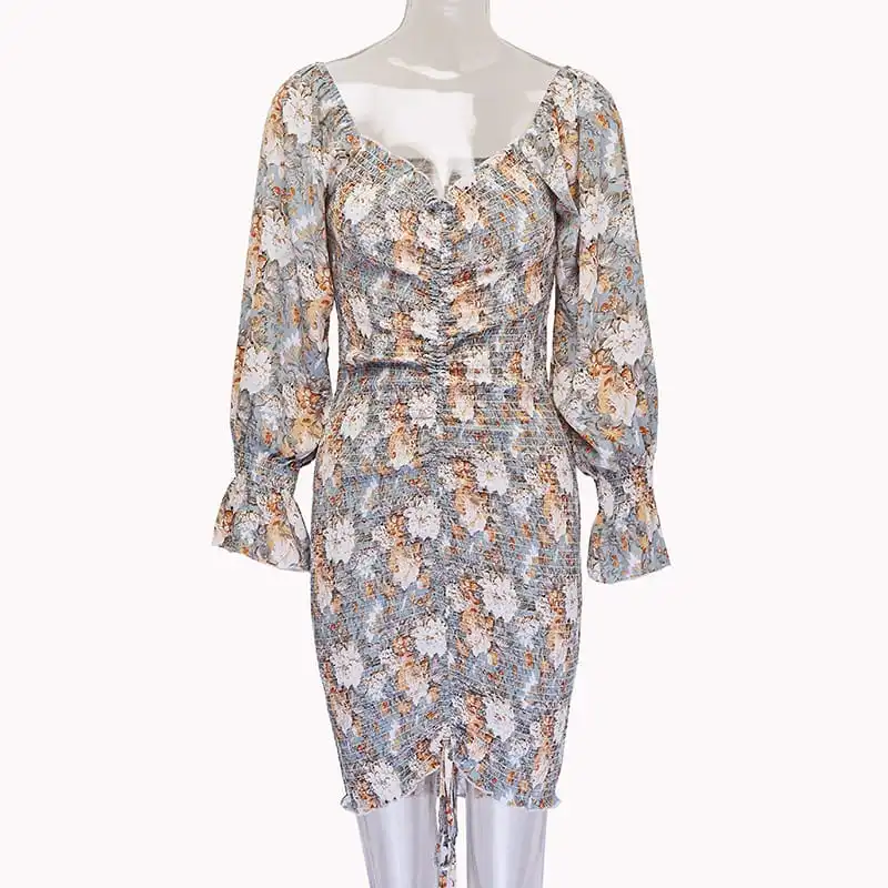 Women Fashion Floral Printed Ruffled Crease Dress
