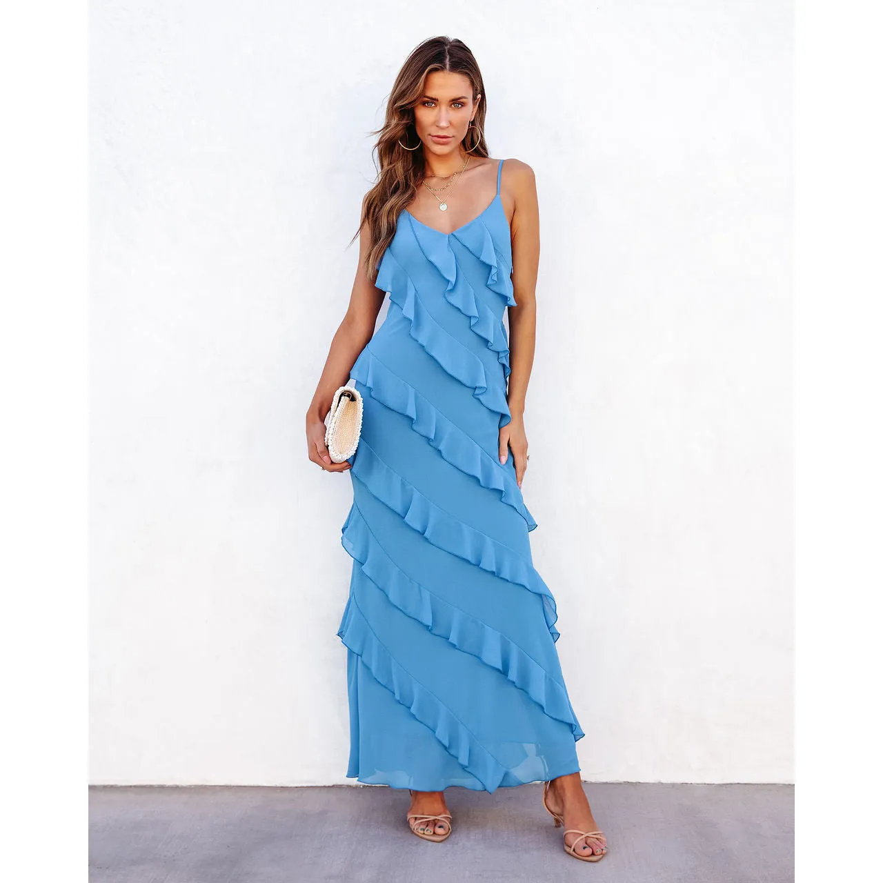 Women Fashion Sexy Solid Color Spaghetti Strap Ruffled Dress