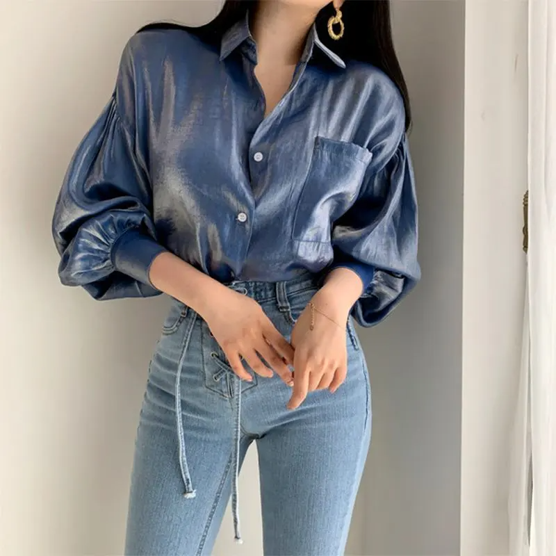 Women Fashion Solid Color Elegant Lapel Casual Long Puff Sleeve Blouse