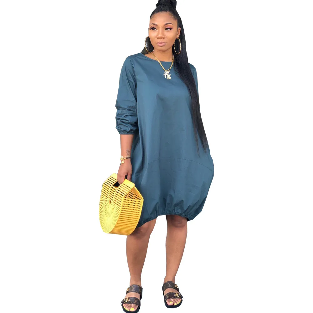 Round Neckline Long-Sleeve Pocket Design Loose Casual Dress