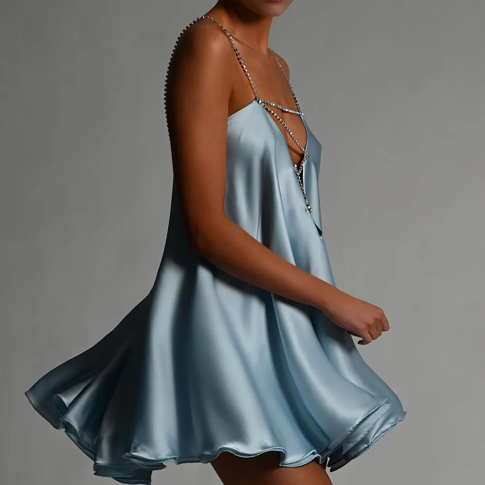 Wmen Night Out Sexy Edgy Summer Cut Out Chain Solid Color Sleeveless Ruffled Satin Mini Dress