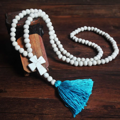 Hot Sale Vintage Pattern White Wooden Beads Cross Tassel Pendant Necklace