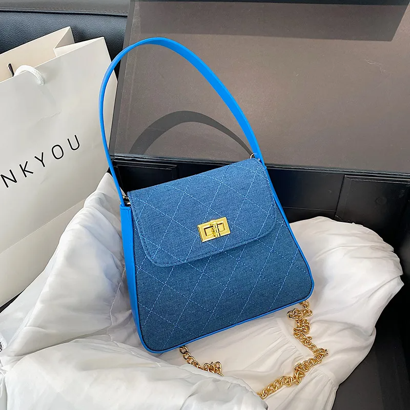 Women Fashion Solid Color Denim Flap Lock Chain Shoulder Crossbody Bag