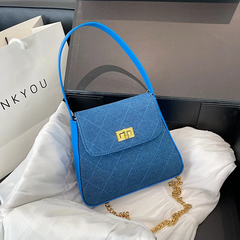 Women Fashion Solid Color Denim Flap Lock Chain Shoulder Crossbody Bag