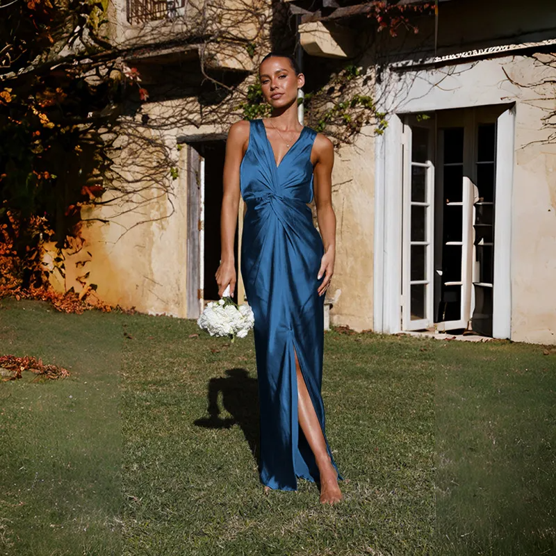 Women Elegant Sexy V-Neck Sleeveless Backless Split Maxi Dress