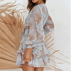 Floral Print Lace-Up Chiffon Long Sleeve Dress