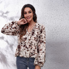 Women Casual Tie Dye Printed Lantern Sleeves Defined Waist V Neck Long-Sleeved Chiffon Blouse