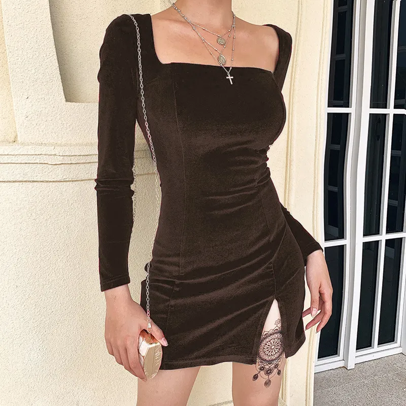 Women Fashion Solid Color Square Neck Pleuche Dress