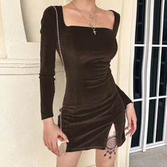 Women Fashion Solid Color Square Neck Pleuche Dress