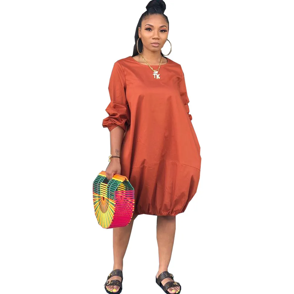Round Neckline Long-Sleeve Pocket Design Loose Casual Dress