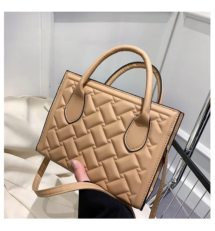 Women Fashion Square Embossed Design Solid Color PU Shoulder Bag