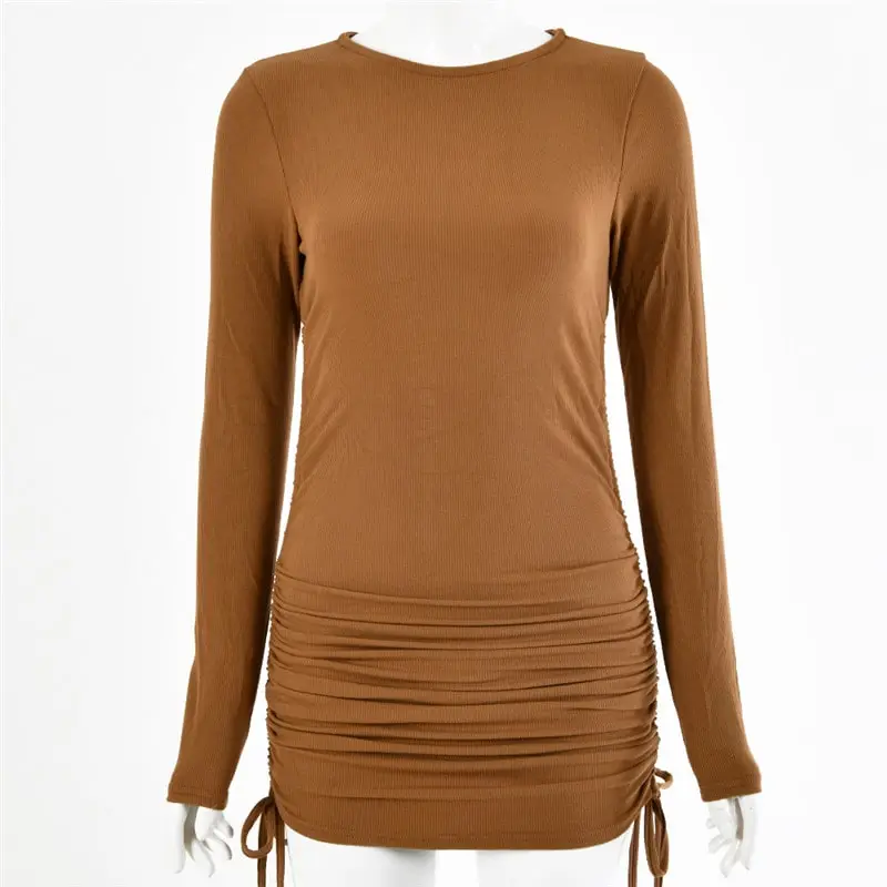 Women Fashion Solid Color Long Sleeve Drawstring Dress