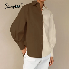 Women Work Casual Color Blocking Single-Breasted Long Puff Sleeves Blouse