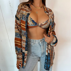 Women Edgy Single-Breasted Long Sleeves Lapel Tie Dye Printed Blouse