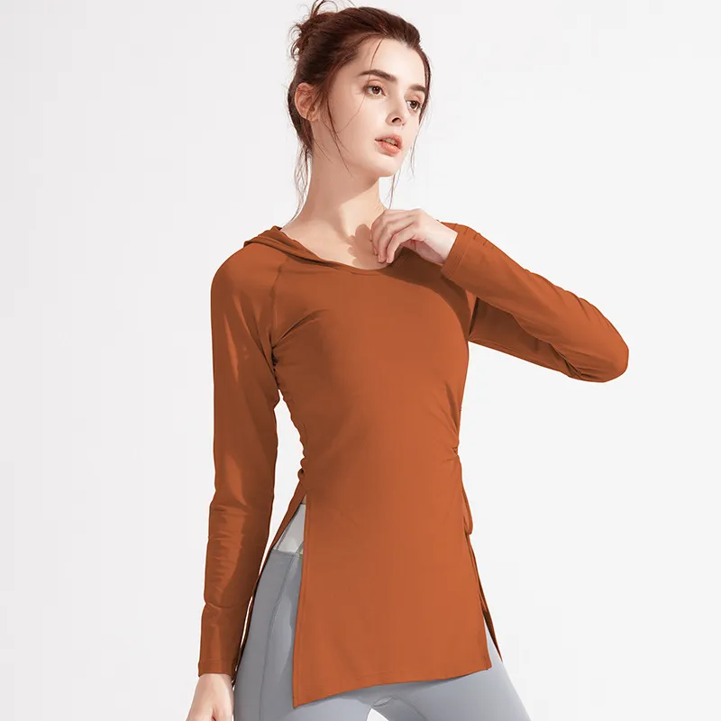 Women Fashion Solid Color Long Sleeve Drawstring Split Sports Yoga Top