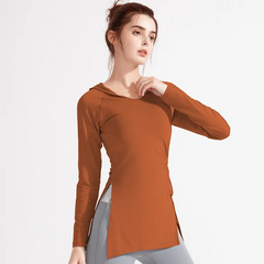 Women Fashion Solid Color Long Sleeve Drawstring Split Sports Yoga Top
