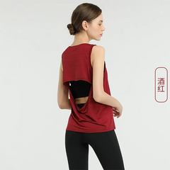 Women Casual Loose Solid Color Round Neck Sleeveless Back Cut Out Sports Tank Top