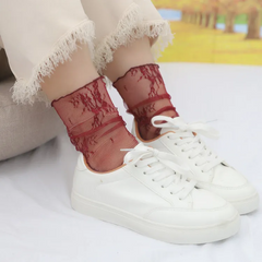 Fashion Solid Color Sweet Lace Women Ultra-Thin Stacked Mesh Socks