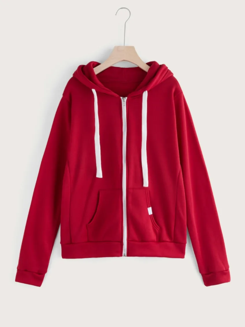 Women Fashion Casual Solid Color Zipper Pocket Hoodies