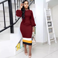 Women Fashion Color Blocking Lantern Sleeve Midi Dress