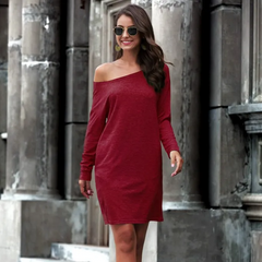 Women Fashion Solid Color Oblique Shoulder Long Sleeve Dress