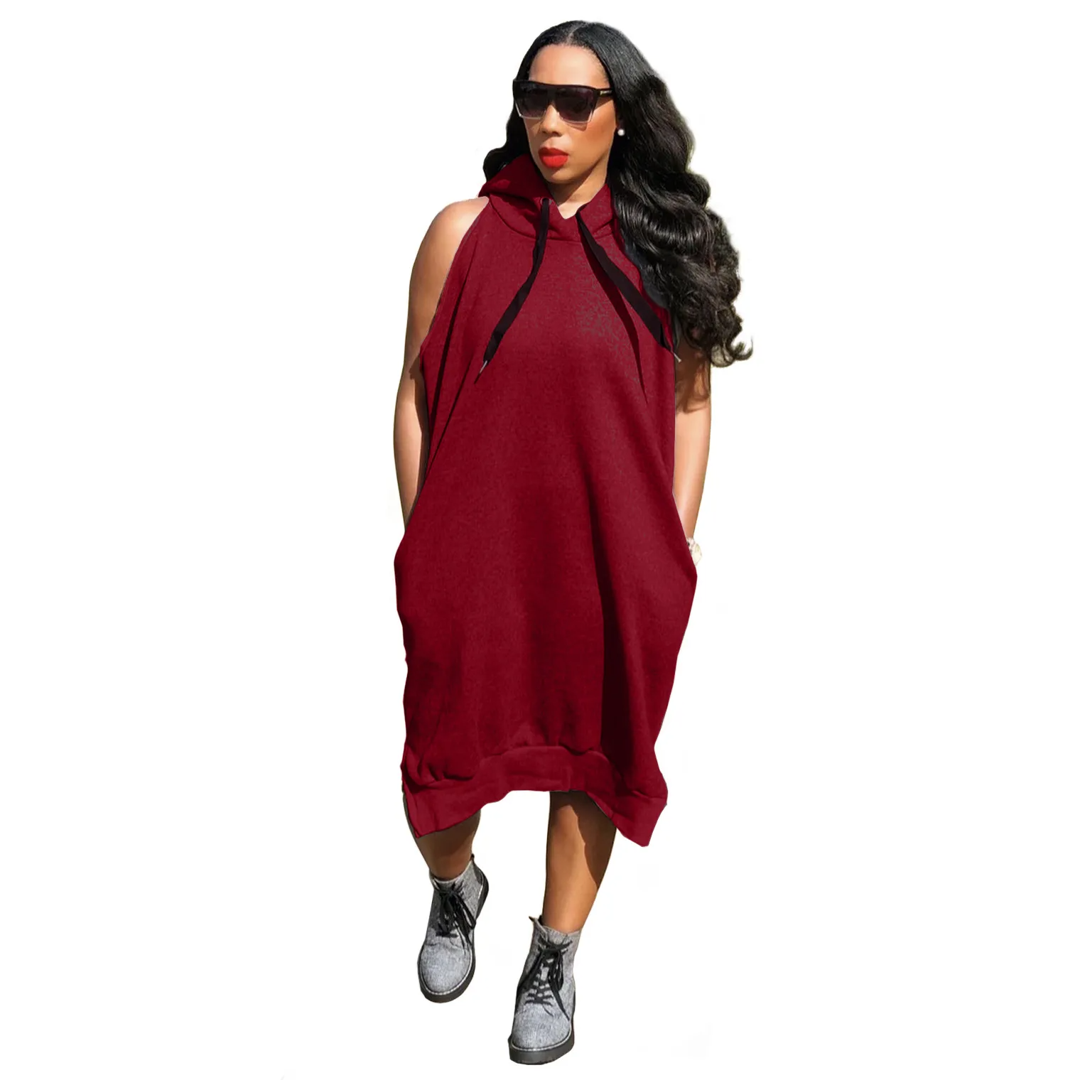 Plus Size Casual Women Summer Loose Large Size Fashion Solid Color Sleeveless Hooded Maxi Dress