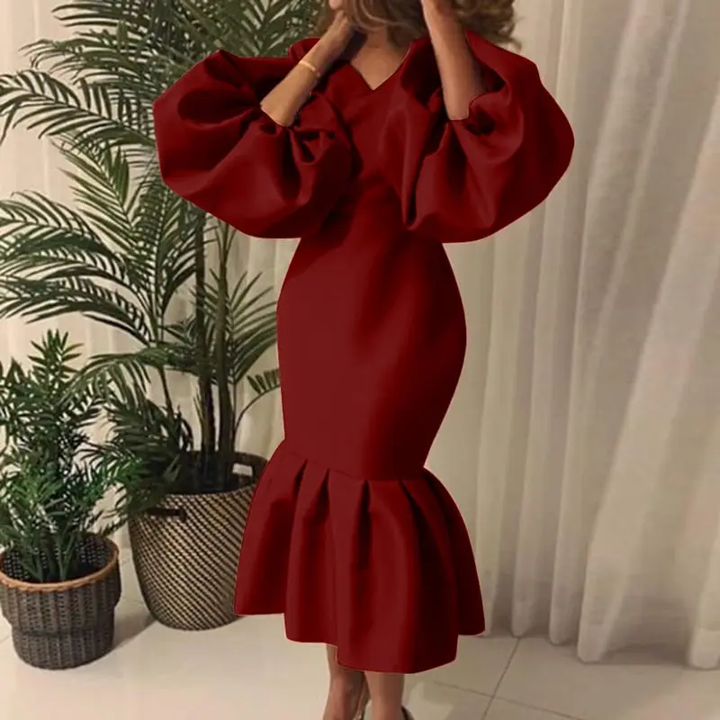 Women Plus Size Solid Color Puff Sleeve Flouncing Dress