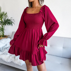 Women Fashion Square Neck Flared Long Sleeve Ruffle Swing Dress