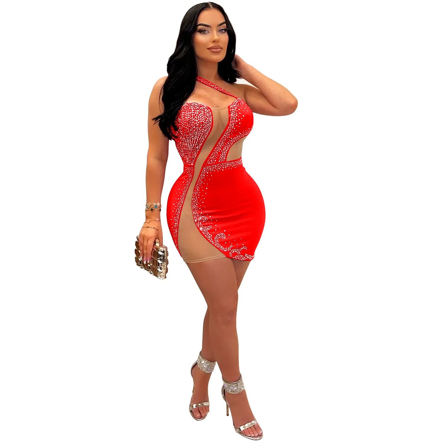 Women Fashion Solid Color Gauze Rhinestone Bodycon Dress