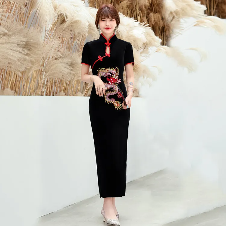Spring And Summer Cheongsam Dress Long E Embroidered Dragon Pattern Women Banquet Birthday Dress