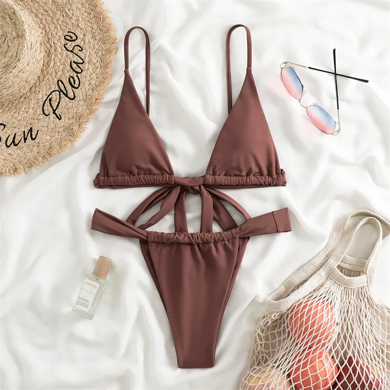 Women Solid Color Sexy Lace-Up Low-Rise Swimsuit Two-Piece Set