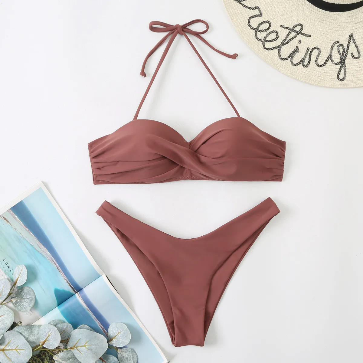 Women Fashion Sexy Halter Neck Tube Top Solid Color Swimsuit Two-Piece Set
