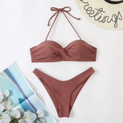 Women Fashion Sexy Halter Neck Tube Top Solid Color Swimsuit Two-Piece Set