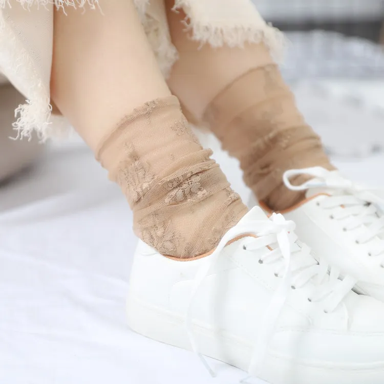 Fashion Solid Color Sweet Lace Women Ultra-Thin Stacked Mesh Socks