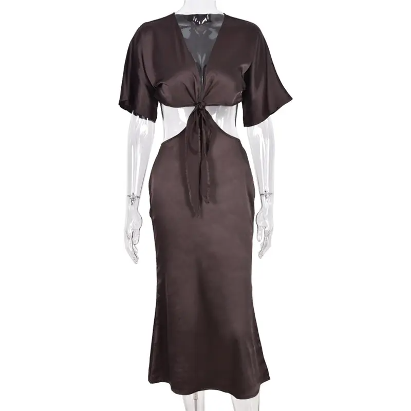 Women Fashion Solid Color Short Sleeve Knotted Dress
