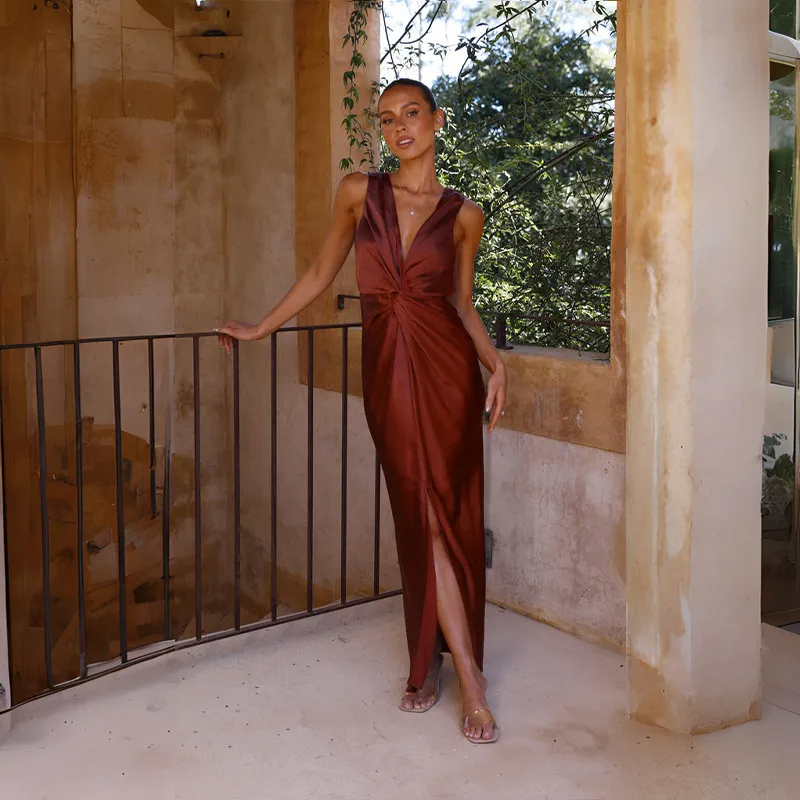 Women Elegant Sexy V-Neck Sleeveless Backless Split Maxi Dress