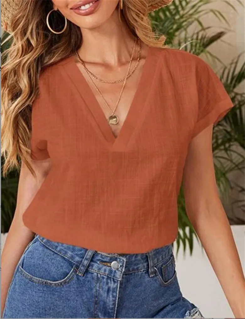 Women Casual Summer Solid Color Loose Short-Sleeved V Neck Short-Sleeved Blouse