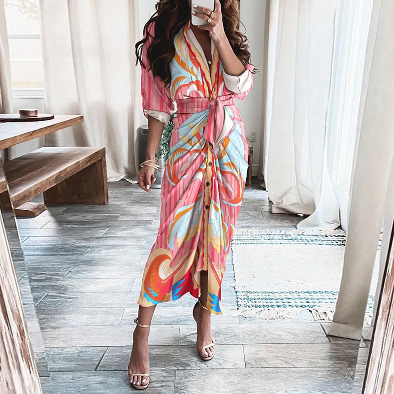 Women Fashion V Neck Bandage Creased Dress