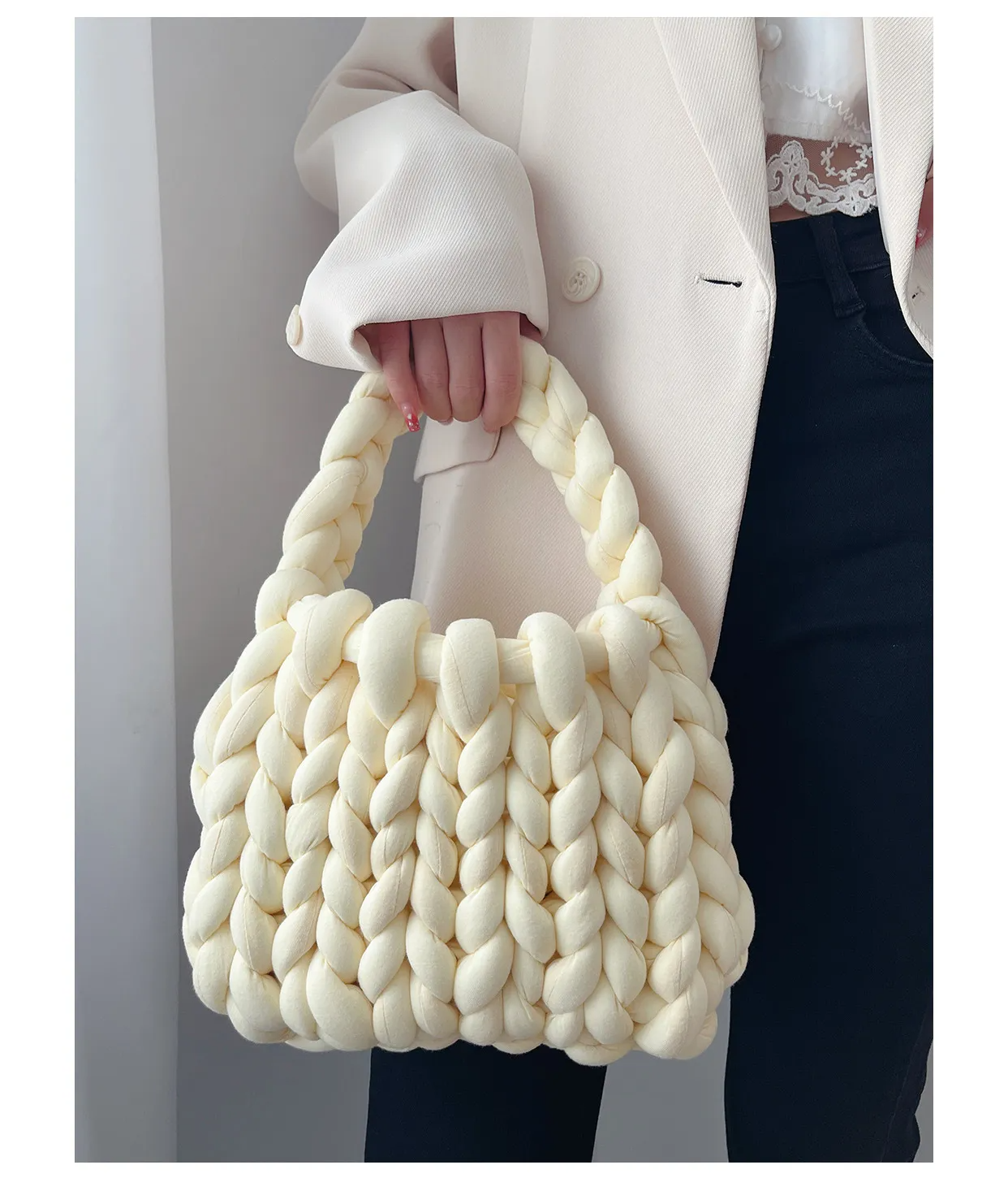 omen Fashion Solid Color Hand-Woven Wool Handbag