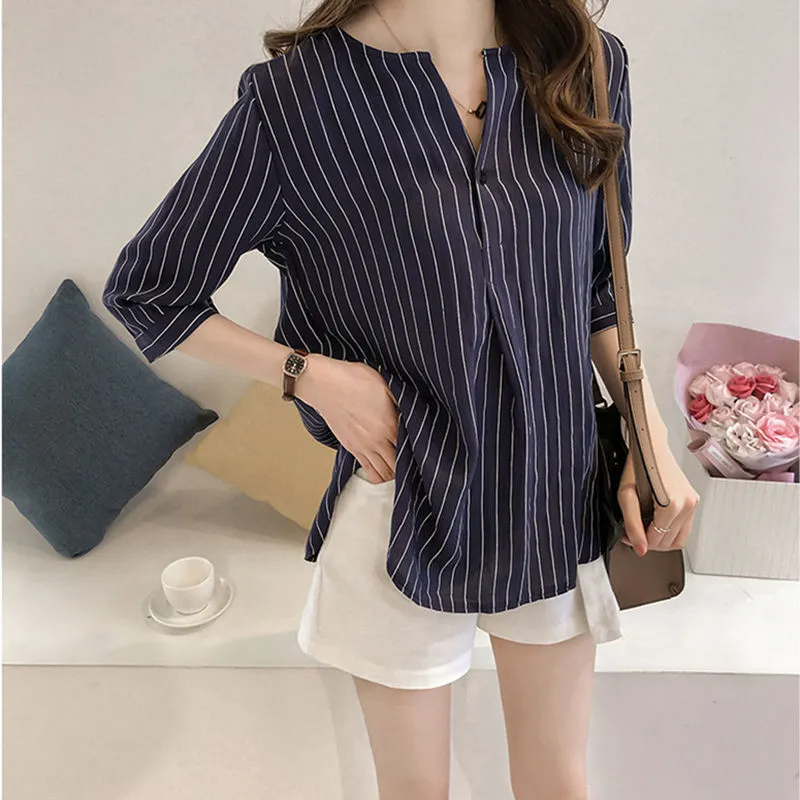 Women Office Summer V Neck Striped Loose Blouse